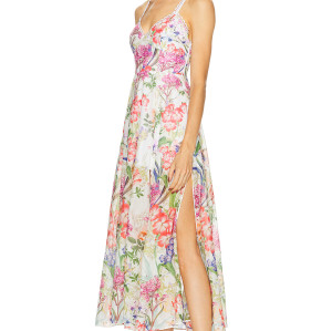Floral printed Camisole Backless Sleeveless V neckline Side slit Elegant Woman's Midi Dress