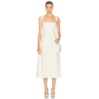 Spaghetti Open back Fitted Flared Elegant Minimalist Square neckline Woman's Midi Lace Dress