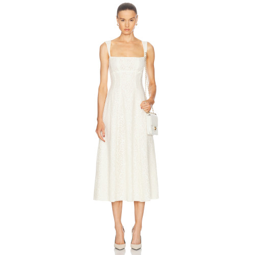 Spaghetti Open back Fitted Flared Elegant Minimalist Square neckline Woman's Midi Lace Dress