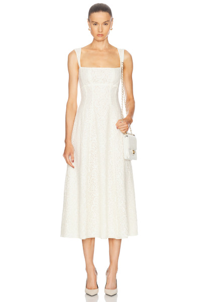 Spaghetti Open back Fitted Flared Elegant Minimalist Square neckline Woman's Midi Lace Dress