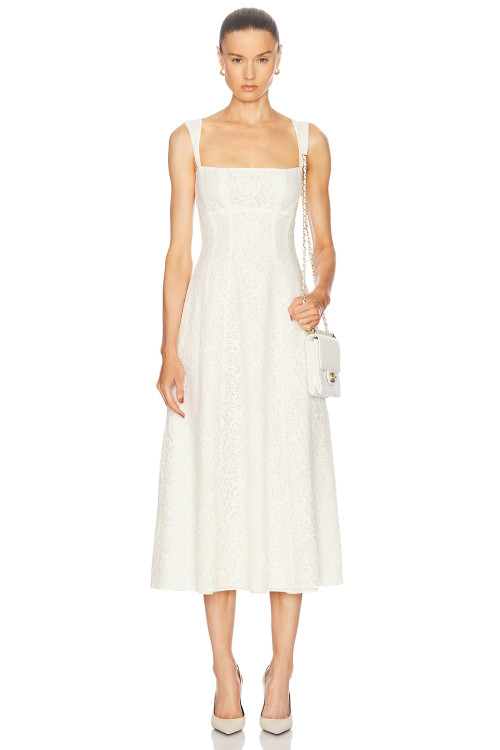 Spaghetti Open back Fitted Flared Elegant Minimalist Square neckline Woman's Midi Lace Dress