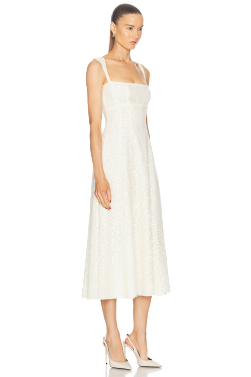 Spaghetti Open back Fitted Flared Elegant Minimalist Square neckline Woman's Midi Lace Dress
