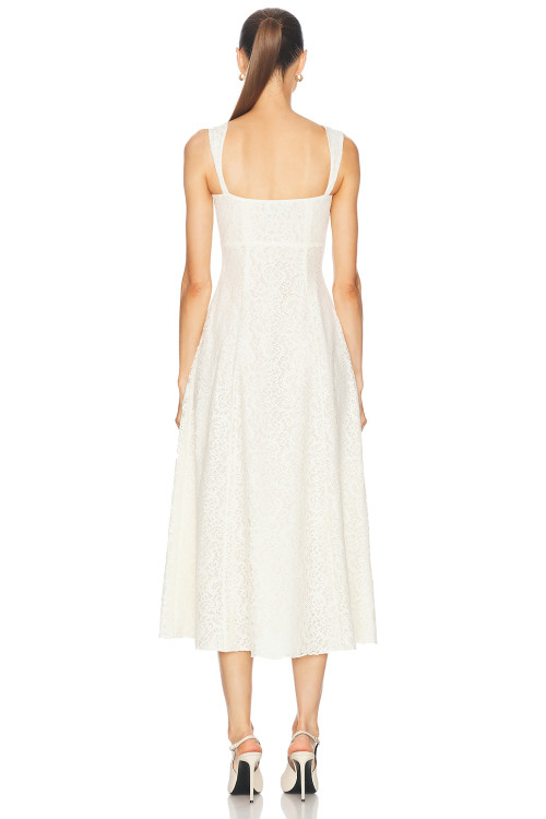 Spaghetti Open back Fitted Flared Elegant Minimalist Square neckline Woman's Midi Lace Dress