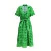 Charming Deep V neckline Bow tie China Manufactory Linen fabric Woman's Midi Dress