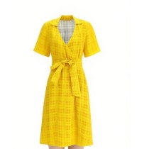 Charming Deep V neckline Bow tie China Manufactory Linen fabric Woman's Midi Dress