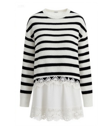 Color blocking stripe Lace trimmed Openwork knit Round neckline Feminine flair Woman's Sweaters