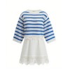 Color blocking stripe Lace trimmed Openwork knit Round neckline Feminine flair Woman's Sweaters