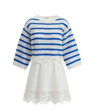 Color blocking stripe Lace trimmed Openwork knit Round neckline Feminine flair Woman's Sweaters