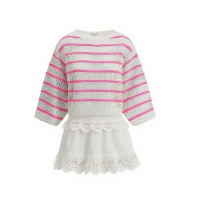 Color blocking stripe Lace trimmed Openwork knit Round neckline Feminine flair Woman's Sweaters