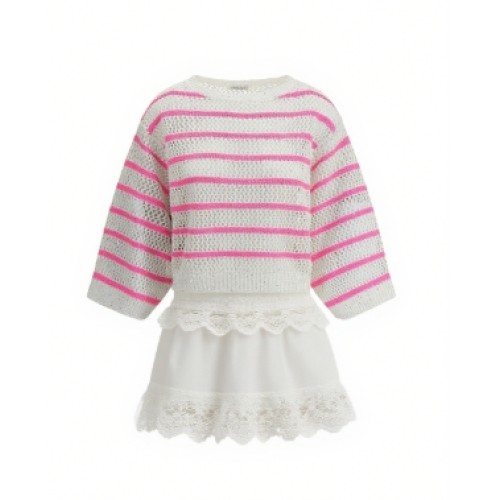 Color blocking stripe Lace trimmed Openwork knit Round neckline Feminine flair Woman's Sweaters