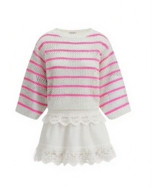 Color blocking stripe Lace trimmed Openwork knit Round neckline Feminine flair Woman's Sweaters