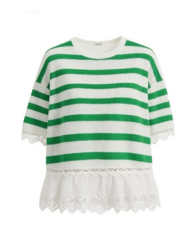 Color blocking stripe Lace trimmed Openwork knit Round neckline Feminine flair Woman's Sweaters