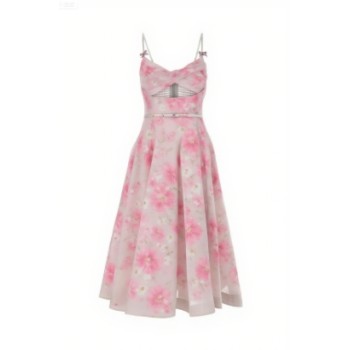 Flowy printed Delicate Exquisite Feminine Charming Flowy Camisole Backless Midi Dress