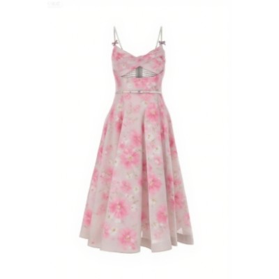 Flowy printed Delicate Exquisite Feminine Charming Flowy Camisole Backless Midi Dress