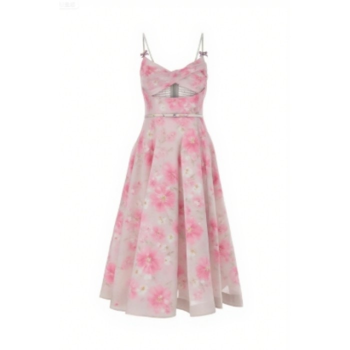 Flowy printed Delicate Exquisite Feminine Charming Flowy Camisole Backless Midi Dress