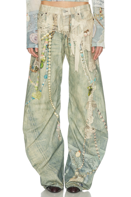 Pearl Lace trims Colorful Delicate Elegance Classical Fashionable Woman's Denim Pants