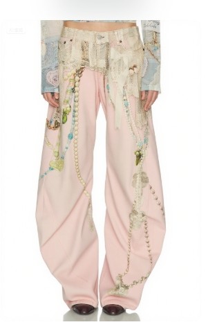 Pearl Lace trims Colorful Delicate Elegance Classical Fashionable Woman's Denim Pants