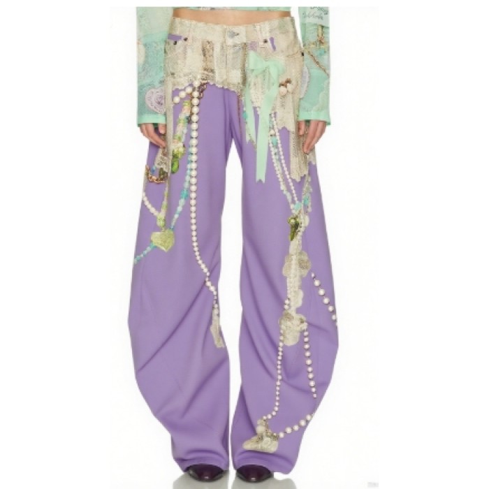Pearl Lace trims Colorful Delicate Elegance Classical Fashionable Woman's Denim Pants