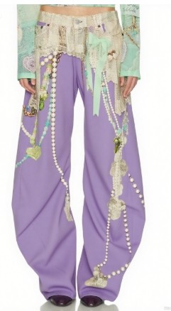 Pearl Lace trims Colorful Delicate Elegance Classical Fashionable Woman's Denim Pants