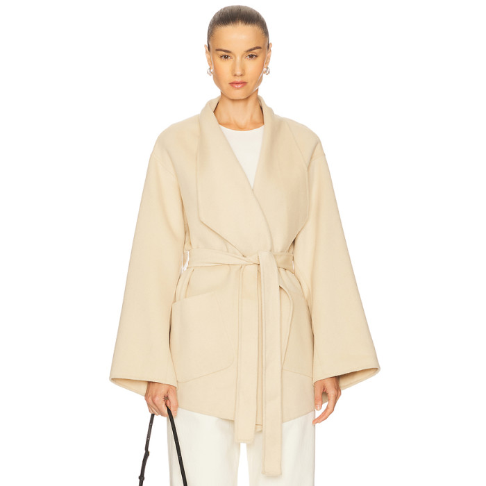 Elegant Delicate Wide lapel Belt trims Hot sale High V neckline Graceful Woman's Coat