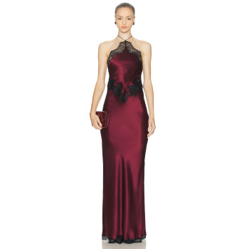 Halter neckline Lace trims Sexy Backless Cut out Back vent Woman's Party Long Dress