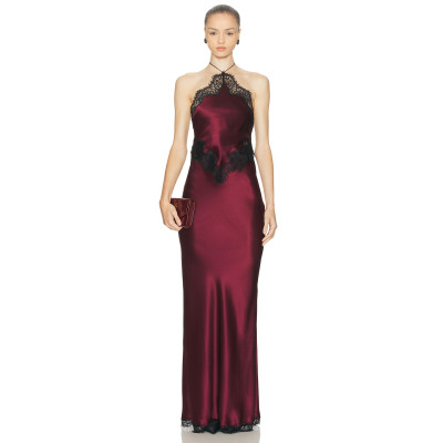 Halter neckline Lace trims Sexy Backless Cut out Back vent Woman's Party Long Dress