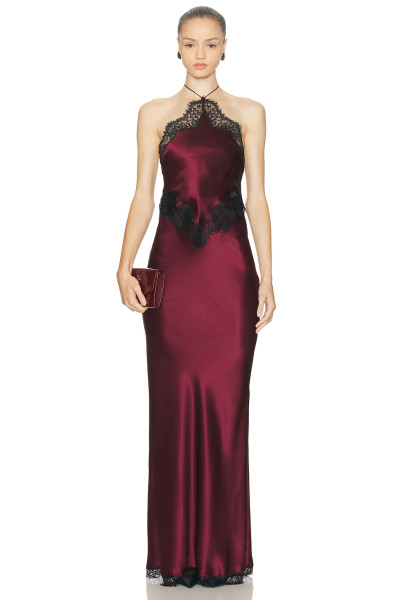 Halter neckline Lace trims Sexy Backless Cut out Back vent Woman's Party Long Dress