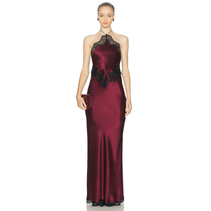 Halter neckline Lace trims Sexy Backless Cut out Back vent Woman's Party Long Dress