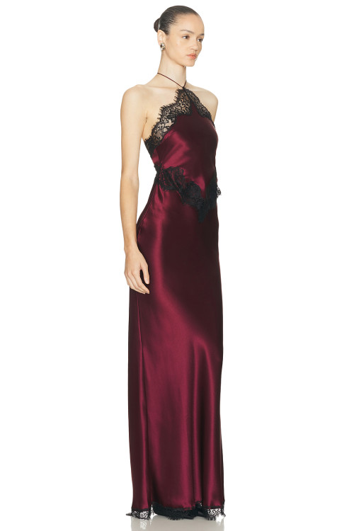 Halter neckline Lace trims Sexy Backless Cut out Back vent Woman's Party Long Dress