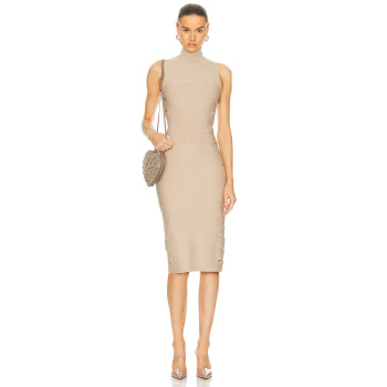 High neckline Sleeveless Bodycon Cut out Horizontal striping details Woman's Midi Dress