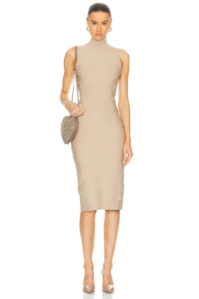 High neckline Sleeveless Bodycon Cut out Horizontal striping details Woman's Midi Dress