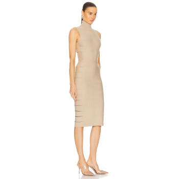 High neckline Sleeveless Bodycon Cut out Horizontal striping details Woman's Midi Dress