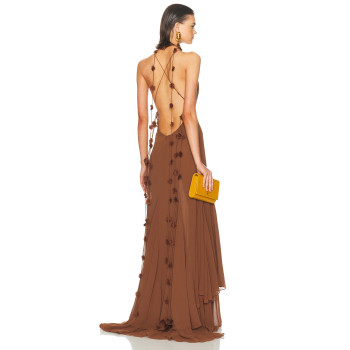 Floral details Flowy Open back Deep V neckline Spaghetti straps Woman's Maxi Dress