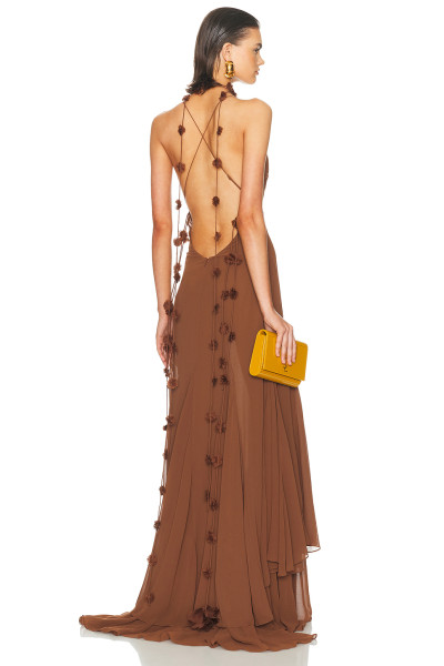 Floral details Flowy Open back Deep V neckline Spaghetti straps Woman's Maxi Dress