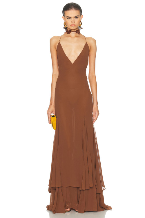 Floral details Flowy Open back Deep V neckline Spaghetti straps Woman's Maxi Dress