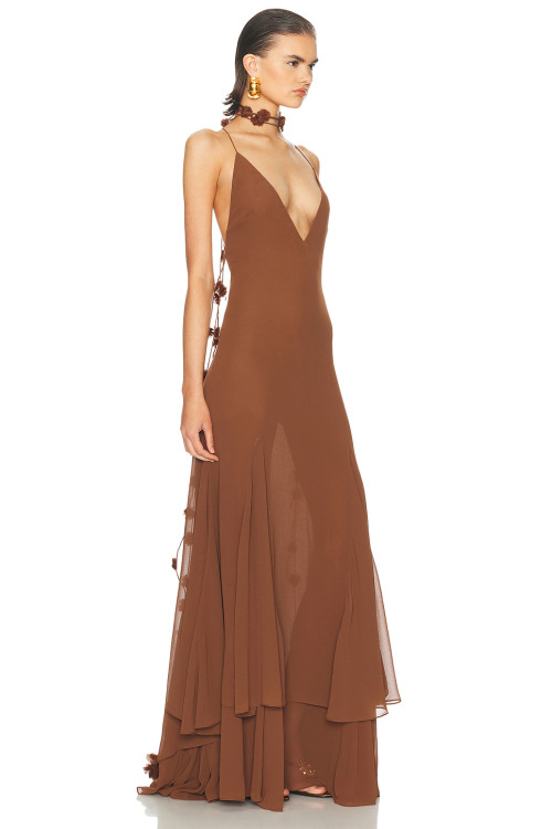 Floral details Flowy Open back Deep V neckline Spaghetti straps Woman's Maxi Dress