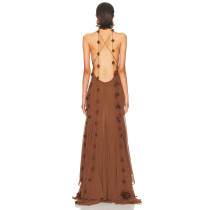 Floral details Flowy Open back Deep V neckline Spaghetti straps Woman's Maxi Dress