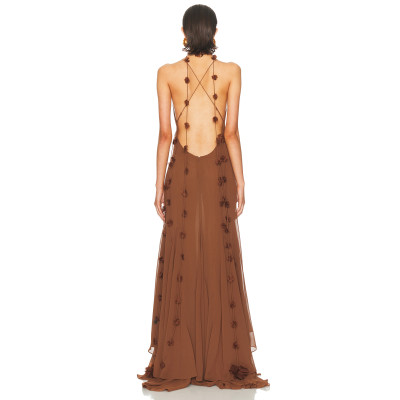 Floral details Flowy Open back Deep V neckline Spaghetti straps Woman's Maxi Dress