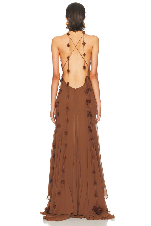 Floral details Flowy Open back Deep V neckline Spaghetti straps Woman's Maxi Dress