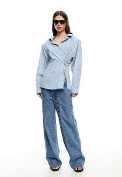 Light blue Checkered Modern Classic Elegance Hot sale Woman's Fashion Tops Blouses