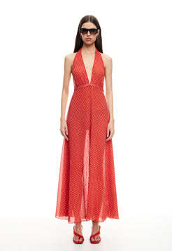 Polka dotted Alluring Elegant Sheer Halter V neckline Retro chic Woman's Long Dress