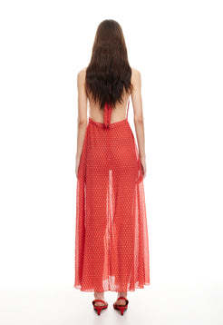 Polka dotted Alluring Elegant Sheer Halter V neckline Retro chic Woman's Long Dress