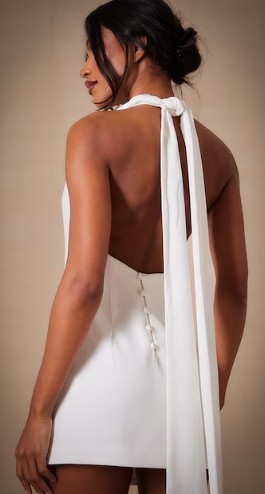 Halter neckline Open back Sleeveless Luxurious Textured Timeless Woman's Mini Dress