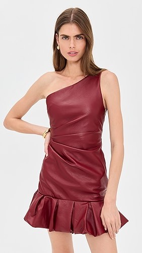 One shoulder Open back Leather Ruffled hem Feminine Minimalist Woman's Mini Dress