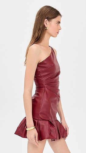 One shoulder Open back Leather Ruffled hem Feminine Minimalist Woman's Mini Dress