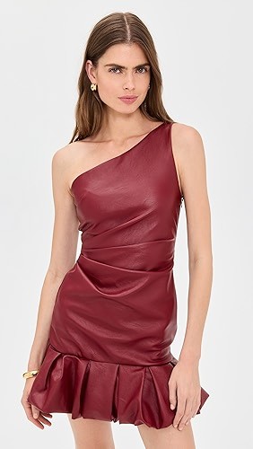 One shoulder Open back Leather Ruffled hem Feminine Minimalist Woman's Mini Dress