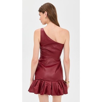 One shoulder Open back Leather Ruffled hem Feminine Minimalist Woman's Mini Dress