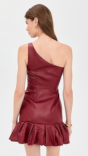 One shoulder Open back Leather Ruffled hem Feminine Minimalist Woman's Mini Dress
