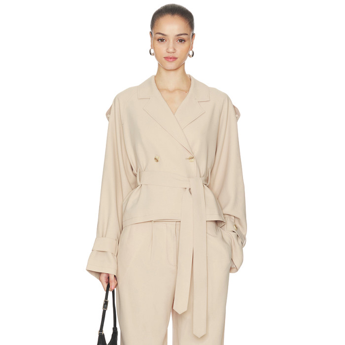 Double breasted V neckline Hot sale Business style Belt trims Woman's Trench coat