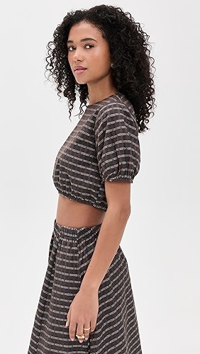 Cropped Puff sleeved Striped Keyhole backed Coordinated Relaxed fit Woman's Blouses